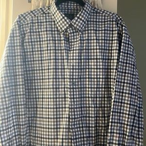 Brown, blue, navy and white plaid button down, excellent used condition.